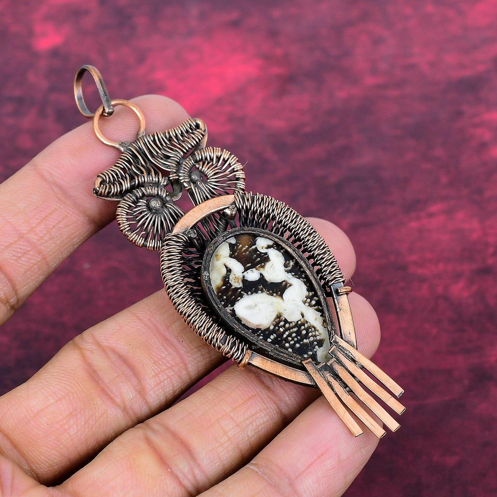 Peanut Wood Jasper Real Gemstone Pendant Owl Pendant Copper Wire Wrapped Jewelry