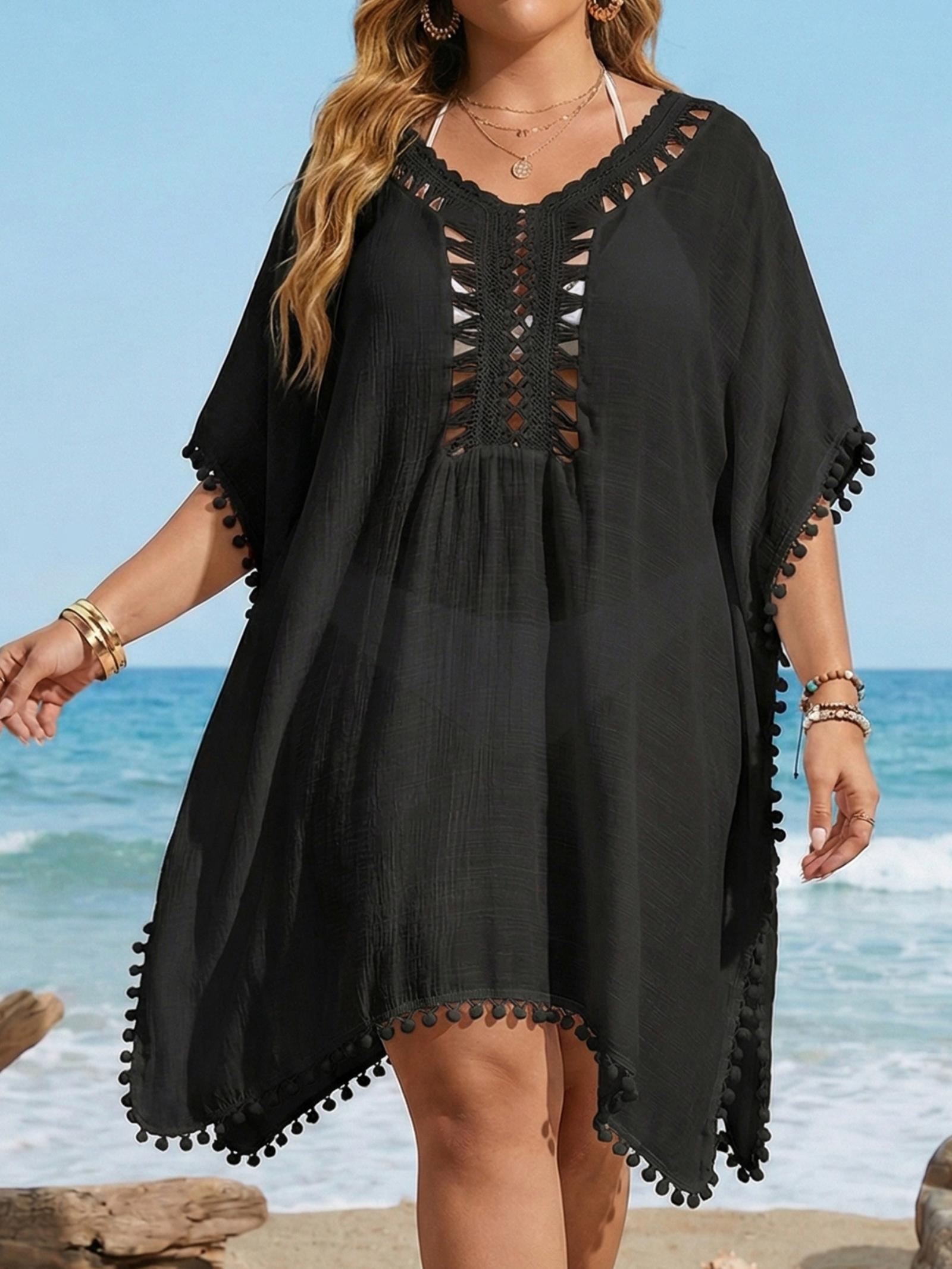 Women s Plus Size Beach Cover-Up: Hand-Crocheted Patchwork Split-Front Bikini Cover-Up Dress One Size чёрный