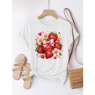 Moda Estiva T-shirt da Donna Stampa Motivo Floreale Fragola Top Casual Morbidi Girocollo a Maniche Corte Abbigliamento