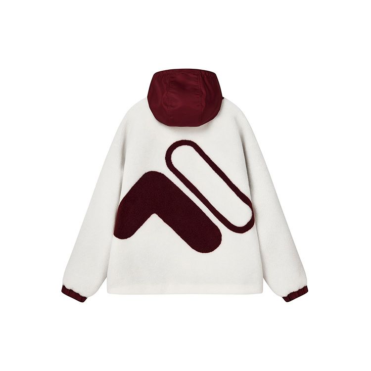 Fila Color Block Drawstring Hooded Simple Casual Faux Lamb Wool Jacket Men Jackets Cloud-Mushroom-White F11M249913F-WT