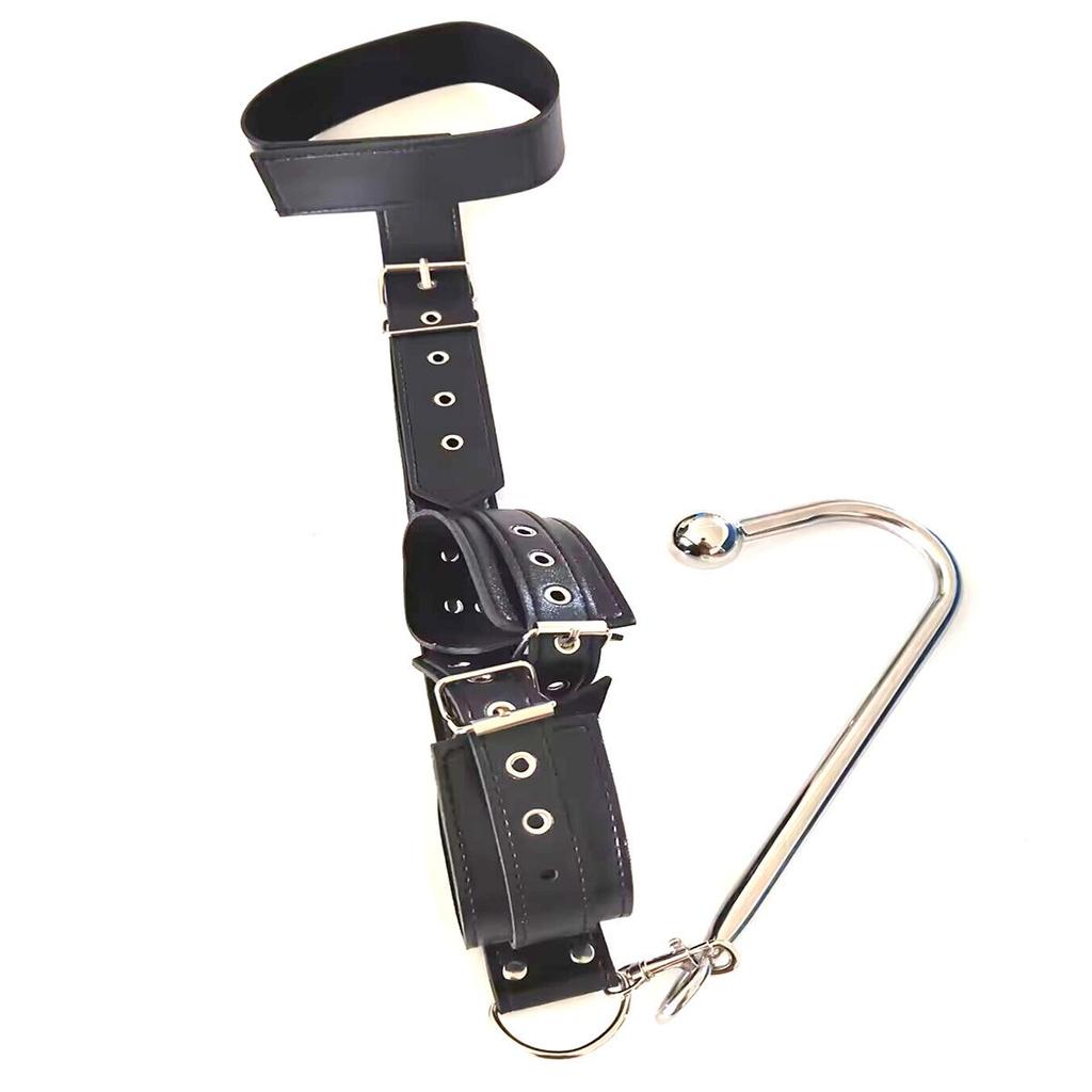 SM Adult Toys: Reverse Hand Gag with Upper & Lower Cuff Straps and Hooks, Metal Anal Plug, Leather Binding.