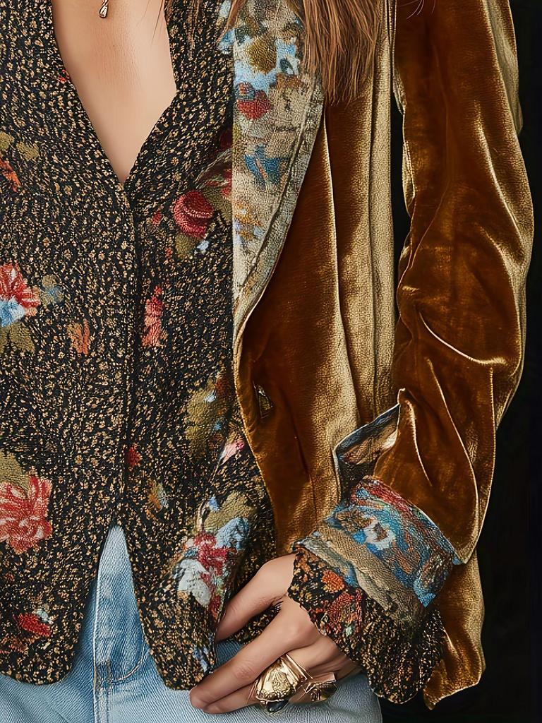 2025 Women's Long Sleeve Patchwork Lace Velvet Jacket