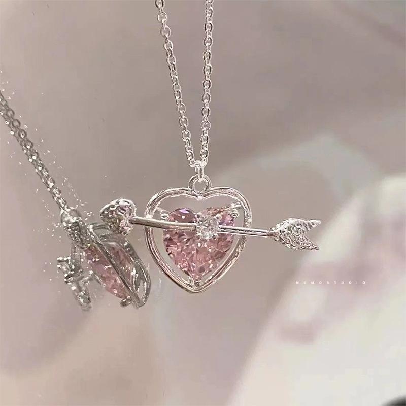 Angel Peach Heart Water Drop Pendant Necklace Jewelry Pink  Girl Sweet Cool Clavicle Chain Aesthetic Y2K Accessories