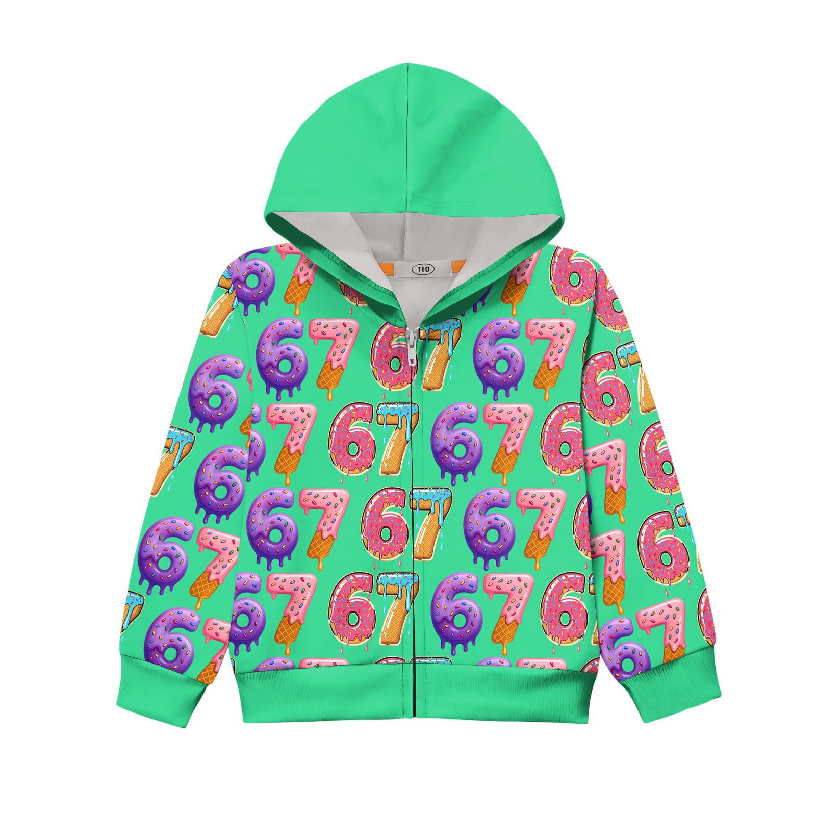 

Kids Long Sleeve Loose Fit Hoodie Jacket with Number 67 Pattern Full Zip Front Lightweight Outerwear for Children 140 зелёный