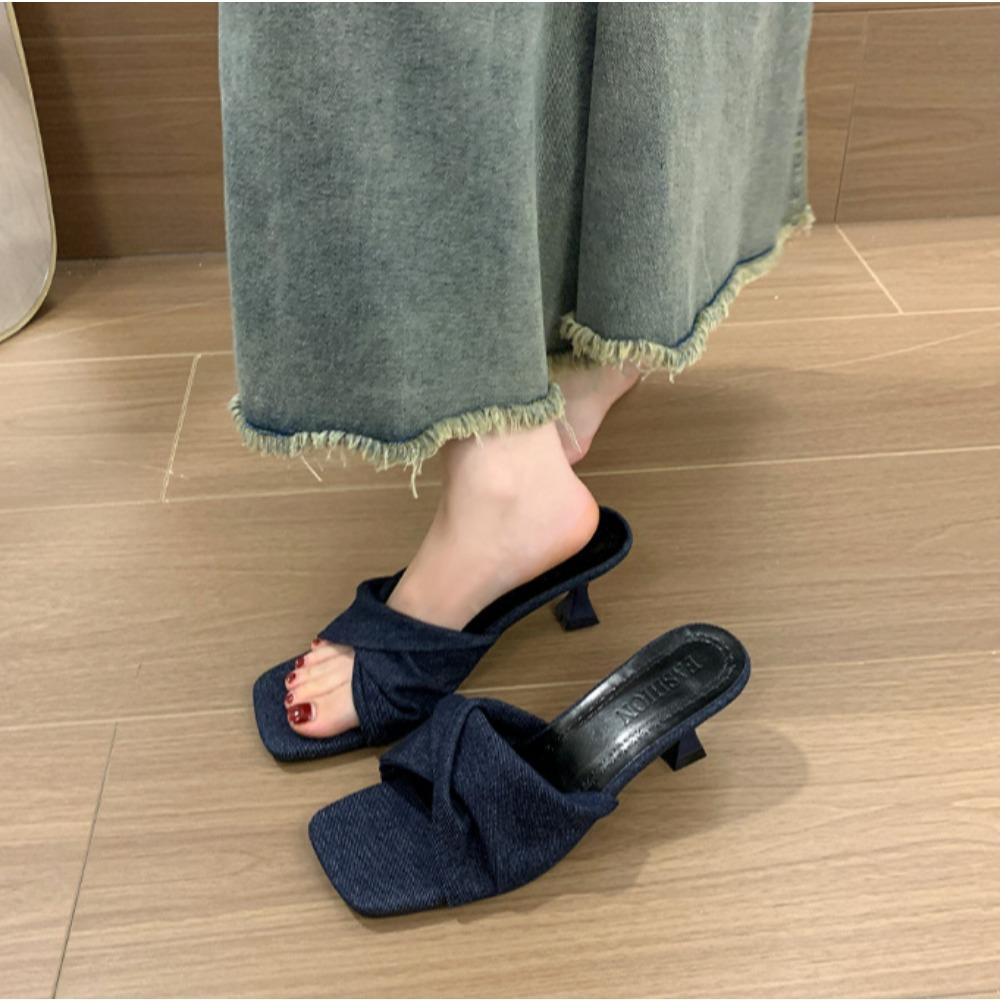 Fashion Slippers for Women's 2025 Summer New Denim Cross Strap Square Toe Slim Heel Womens Shoes Straight Strap High-heeled Sandals