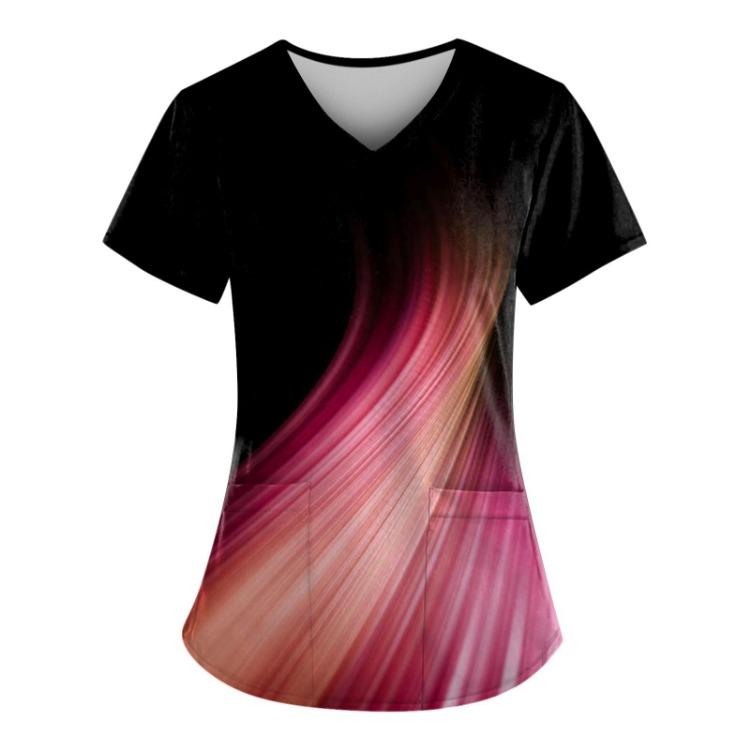 Plus Size Women's V-Neck Short Sleeve Work Scrub Top With Pockets Fun Printed Tee For Working Uniform T-Shirt