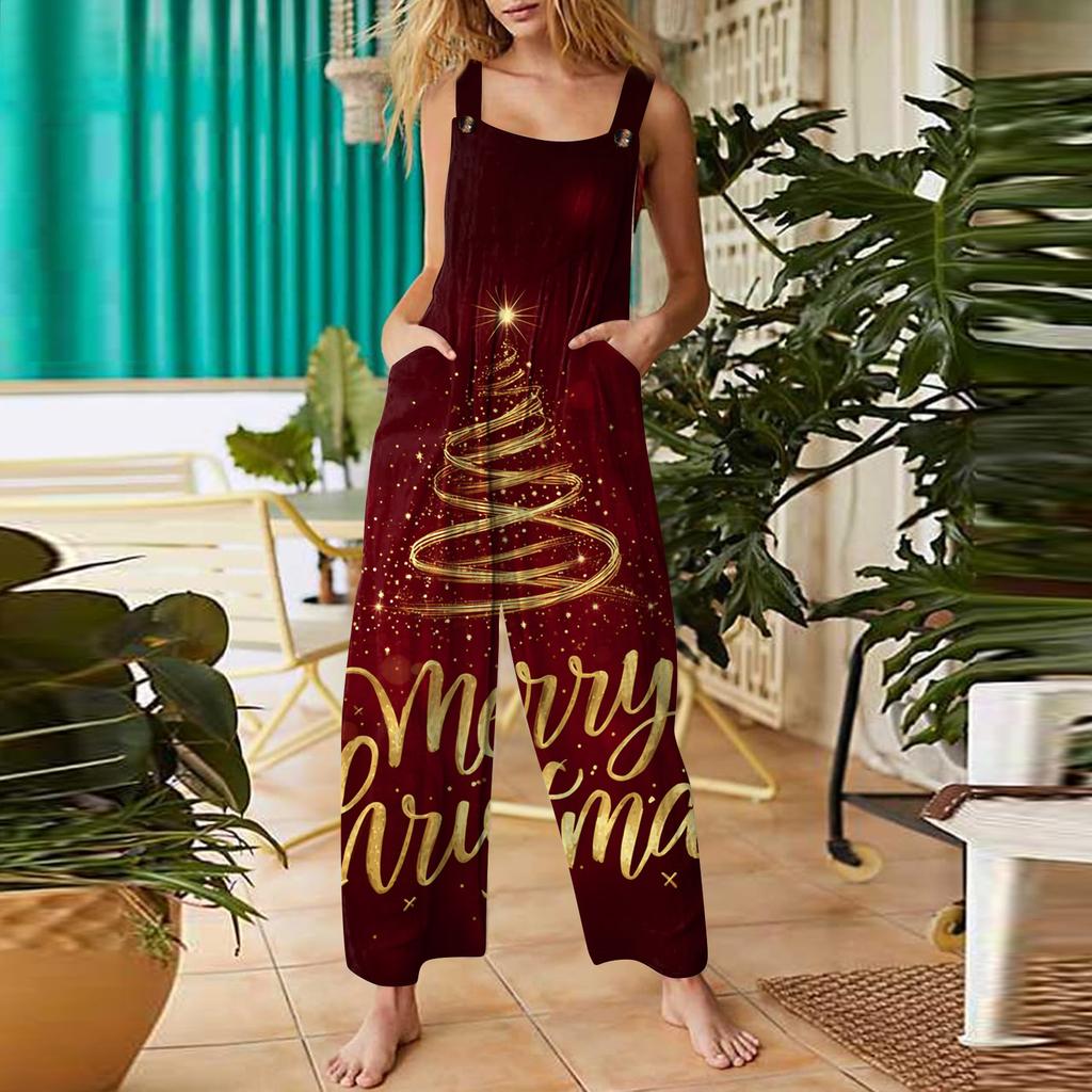 Women's Casual Jumpsuit Sleeveless Christmas Printed Cotton Jumpsuit