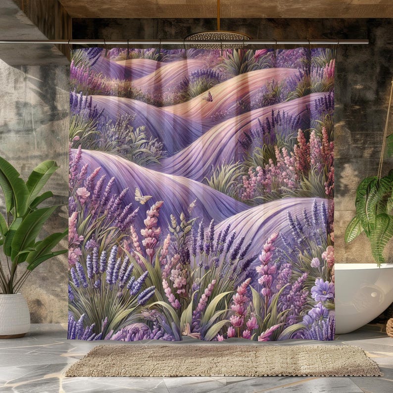 Lavender Field Shower Curtain - Purple Floral Bathroom Decor, Dreamy Nature Landscape, Waterproof Fabric, Cottagecore Bath 90X180cm(35x70in)