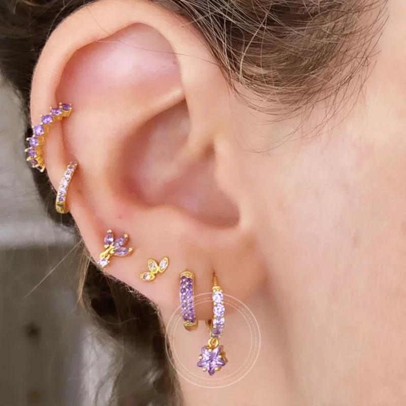 Damen 925 Silber Ohrstecker Lila Zirkon Ohrringe Creolen Lila Kristall Anhänger Ohrring Mode Hochzeits Schmuck