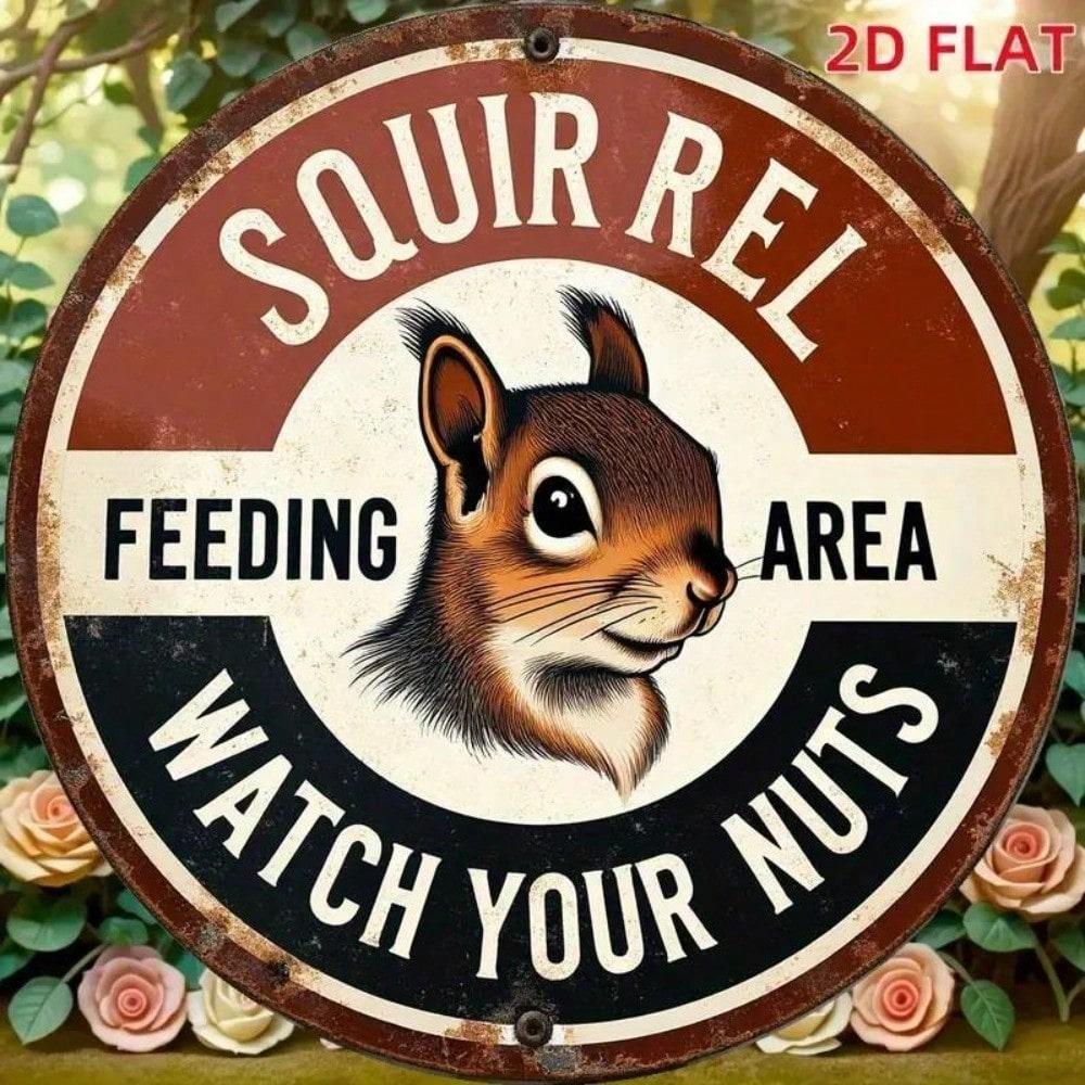 Vintage Squirrel Warning Sign Rustic Metal Plaque Nut Theft Deterrent Bird Feeder Outdoor Wall Decor Wildlife Art