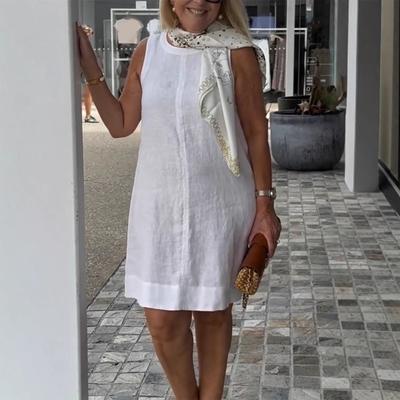 Women Summer Dress Sleeveless Round Neck Pure Color Knee Length Vest Dress Loose Pullover Dress for Daily Wear Dating