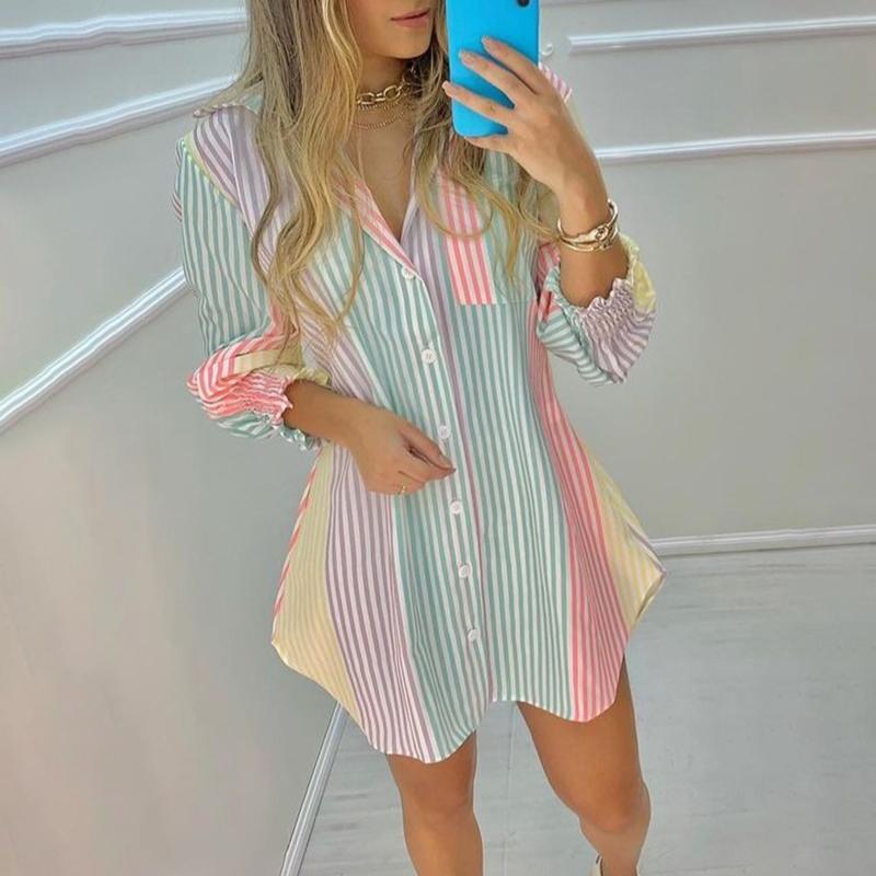Fashion Spring Summer Printed Striped Women's Shirts Long Sleeve Lapel Casual Shirt Dress Ladies Single-breasted Irregular Casual Mini Dresses 25163