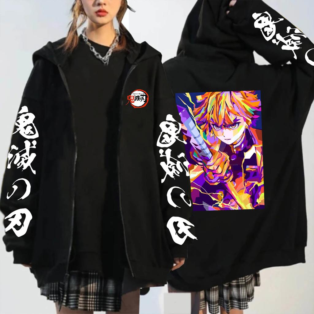 Demon Slayer Anime Zipper Jacket Agatsuma Zenitsu Print Men Women Zip Up Hoodies Casual Loose Sweatshirt Harajuku Streetwear