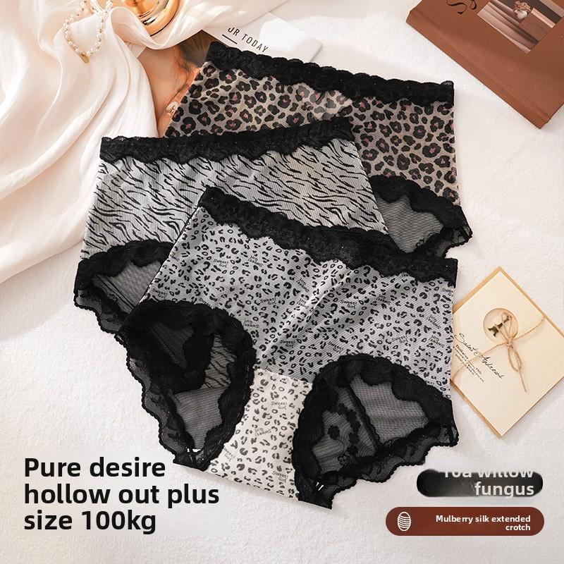 Große Größe Damen Frühling und Sommer Sexy Spitze Leopardenmuster Durchbrochenes Netzgarn 10a Antibakteriell Verlängerter Zwickel Dreieck Slip