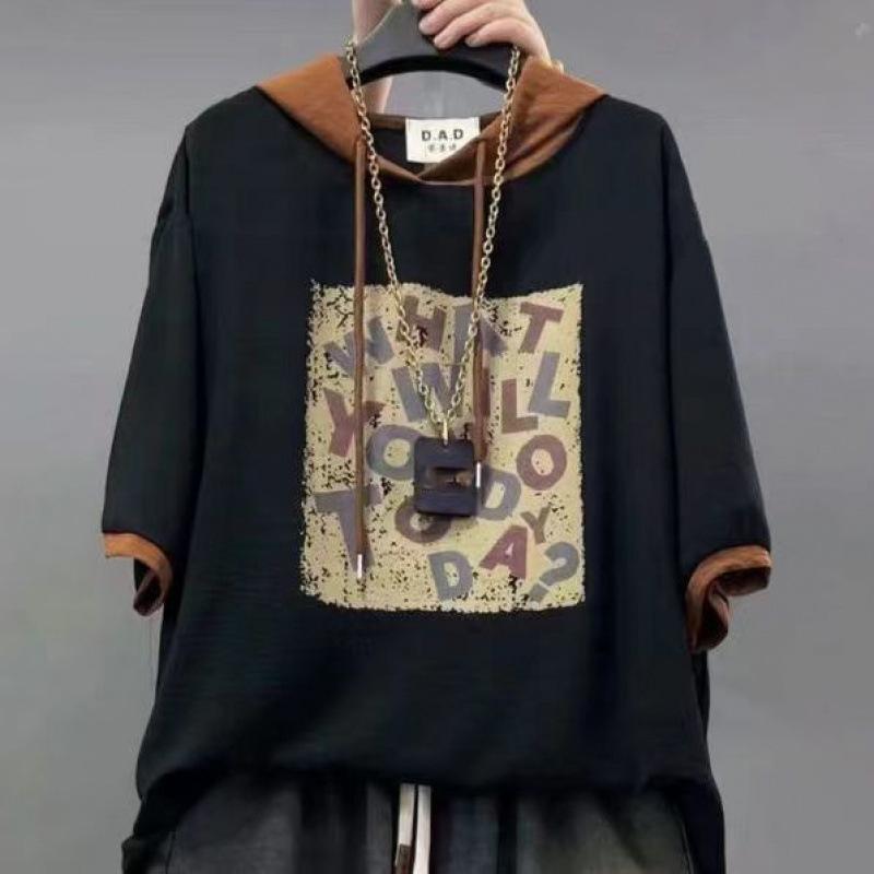 Casual Set Personalized Fashion Hooded Loose Print Short Sleeve Nine Points Jeans Two Piece Set Women's