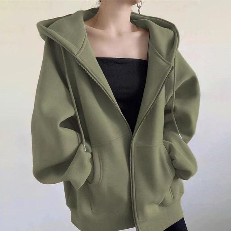 Autumn Winter Women's Fleece Sweatshirt Thickened Hooded Zip-up Loose Sweatshirt
