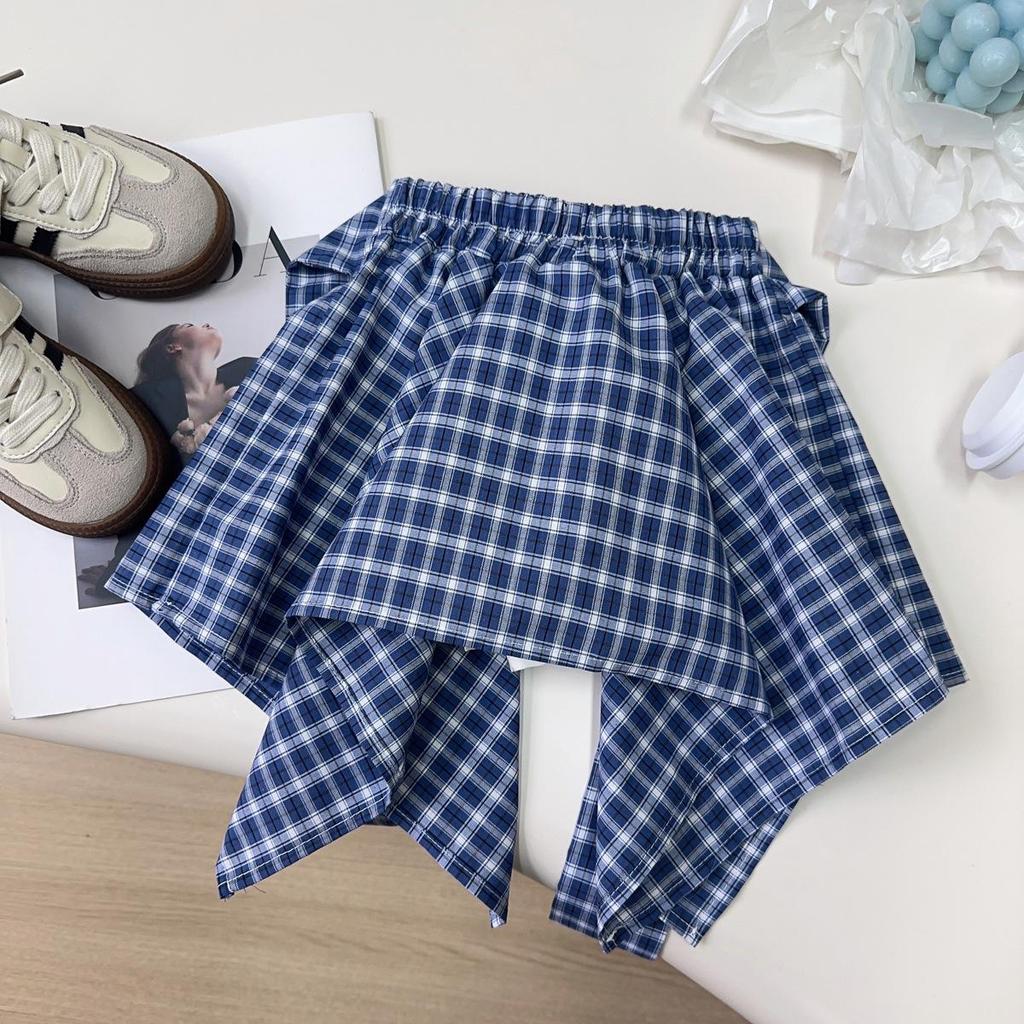 Girls' Korean Style Checkered Skort with Short Sleeve Top - EXB019