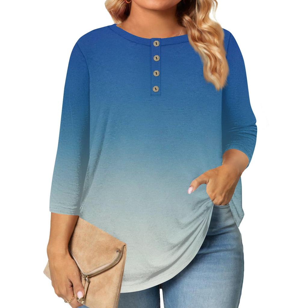 Women's Large Size Print 3/4 Sleeve Button Collar Top T-Shirt Bottoming Shirt