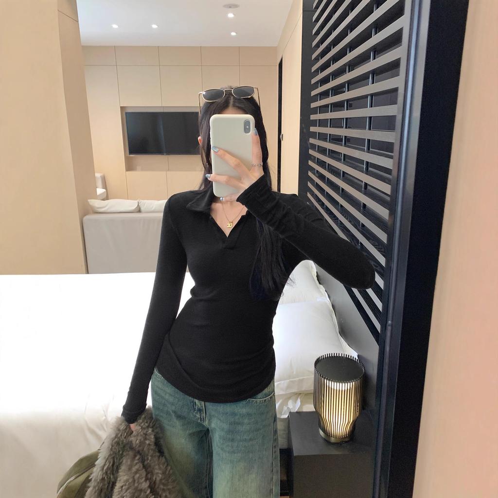Elegant Korean Style Grey Slim Fit Lapel T-shirt: Women's Autumn/Winter Long Sleeve Base Layer Top