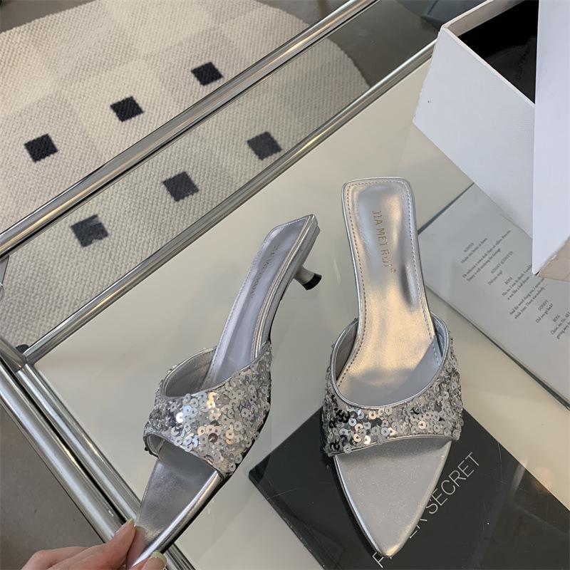 Fish mouth slippers women's rhinestone shoes pointed fashion black beach new sandals sequins high heels silver sandals