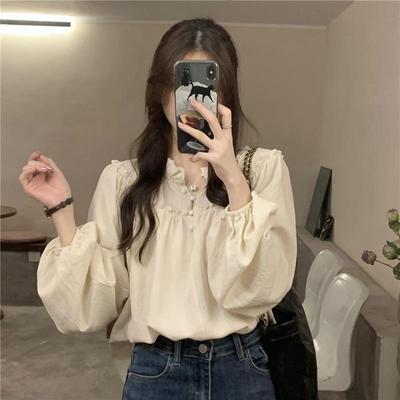 2025 Retro French Bubble Sleeve Ruffle Shirt for Women