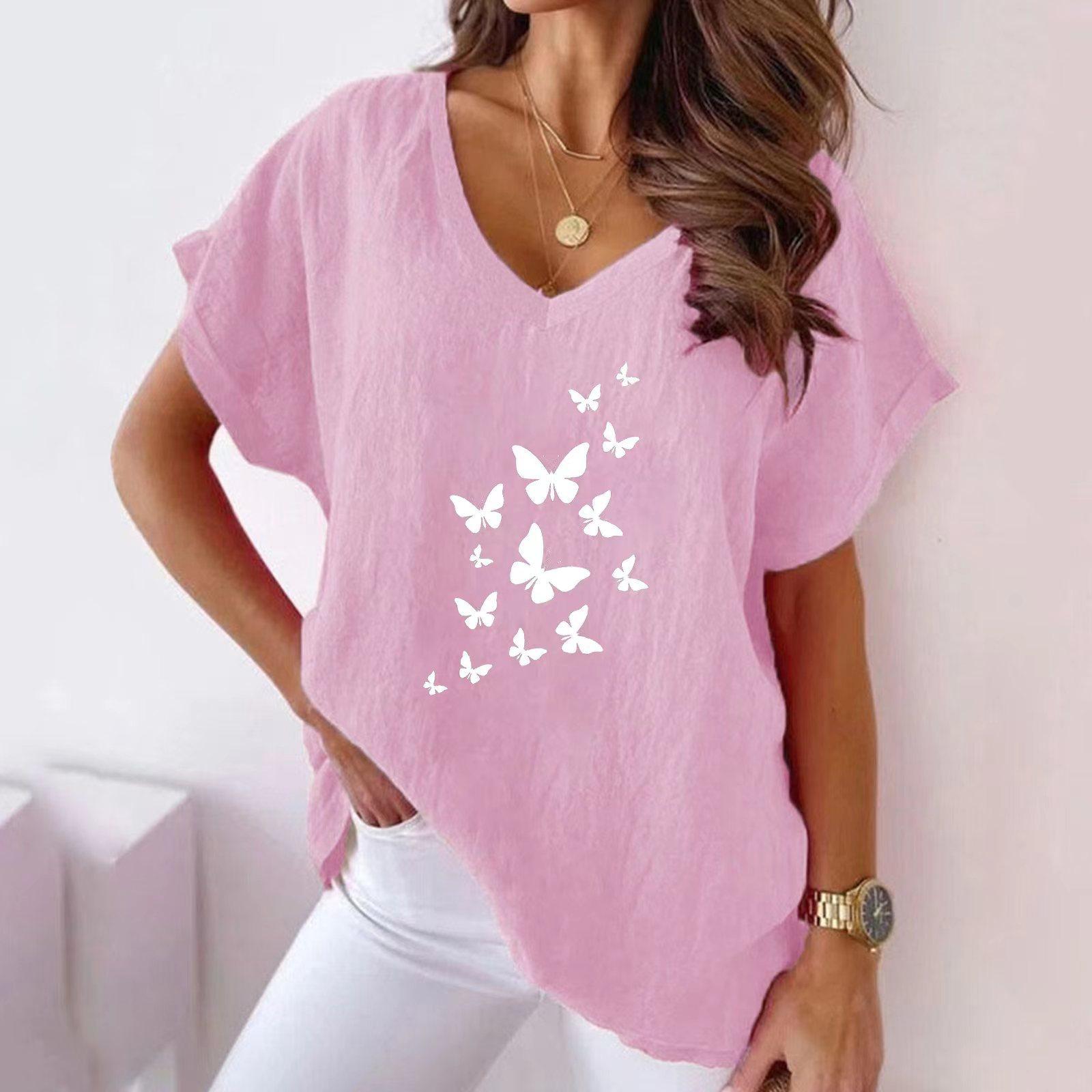 

2023 літня жіноча повсякденна футболка з летючою мишею з принтом тварин і метеликів з V-подібним вирізом, бавовняна конопля, з короткими рукавами 5XL рожевий