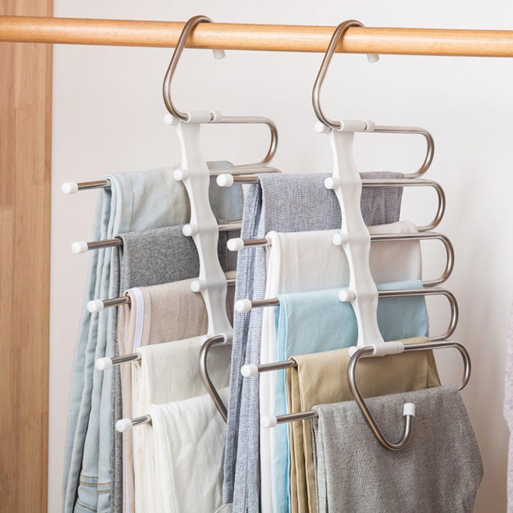 Stainless Steel Folding Clothes Rack Multifunction Telescopic Pants Hanger Space Saving Multi-Layer Pants Rack for Home Storage