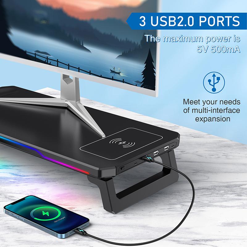 Schreibtisch-PC-Monitorständer Halterung Computerbildschirm Erhöhung Halter USB-HUB Mit RGB-Atmosphärenlampe Maus Tastatur Aufbewahrungs Organizer