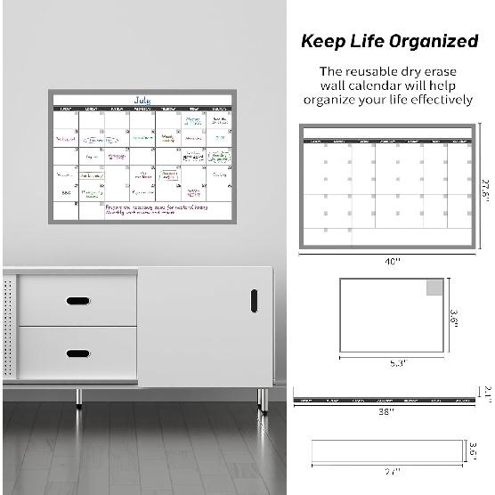 Large Dry Erase Calendar for Wall, Undated 1 Month Wall Calendar, 40" x 28" Erasable & Reble Laminated Calendar, 10 Round Stickers, Great Layout Wall