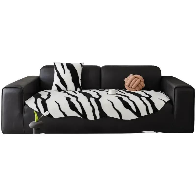 Plush Sofa Cushion and Blanket for Winter Warmth Thickened Non Slip Sofas Towel  Bed Sheet Black  White Patterned Settee Cover