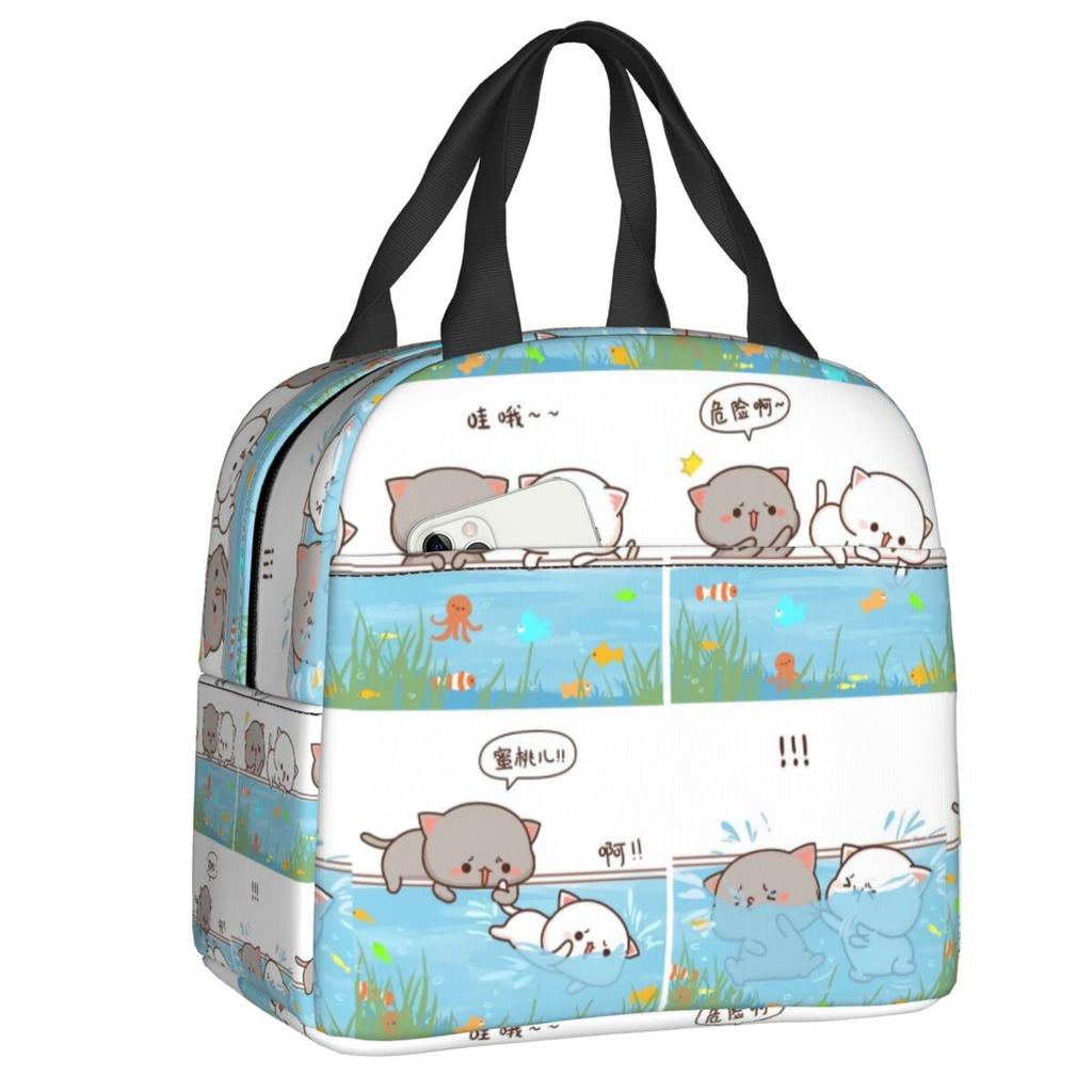 Cartoon Mochi Cat Peach And Goma Meme Lunch Bag Women Thermal Cooler Insulated Lunch Box for Work Office Travel Picnic Food Bags Practical Use