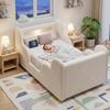 Kinderbed 90 x 200cm, Gestoffeerd Bed, met Beschermhekje, Nachtlampje en USB-oplaadpoort en Opbergruimte, Bedpoten Massief Hout, Velours, Beige