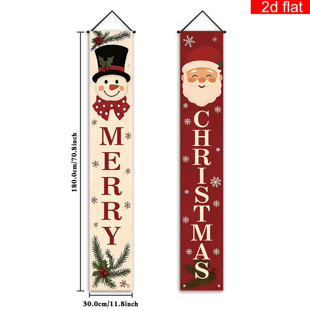 Merry Christmas Porch Sign Santa Claus Snowman Family 1 Pair Polyester Indoor Outdoor Decor