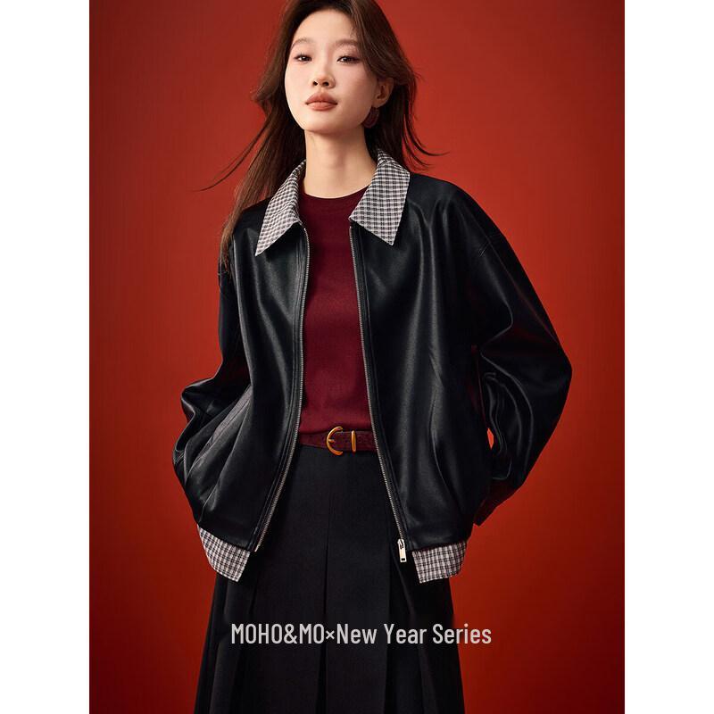 Women s Plaid Faux Two-Piece Short Leather Jacket L