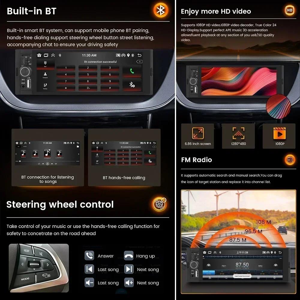 2G 32G Universal 1 Din Android 6.86 Inch HD Touch Screen Wireless CarPlay Auto Car Radio FM Stereo GPS Multimedia Video Player