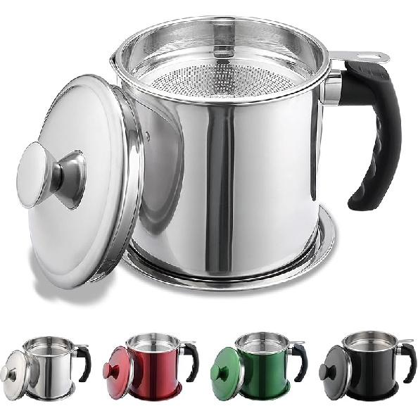 Kyraton Bacon Grease Container With Strainer, 48 oz Stainless Steel Oil Container, Pot Fat Storage With Lid, Easy Grip Handle Suitable For Storing 1. Silver