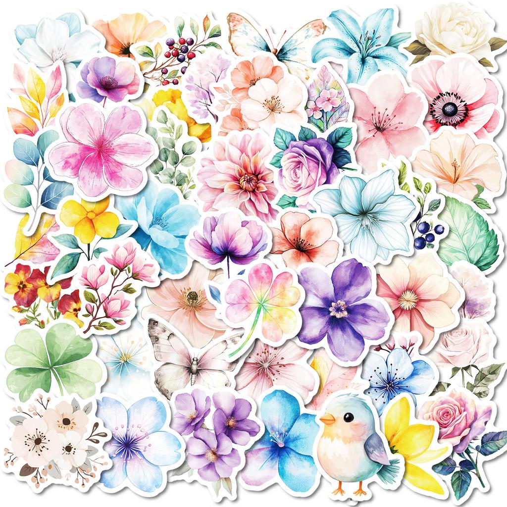 50 Watercolor Style Flowers Mixed and Match Graffiti Stickers Flowers Fresh DIY Trolley Suitcase Skateboard Stickers