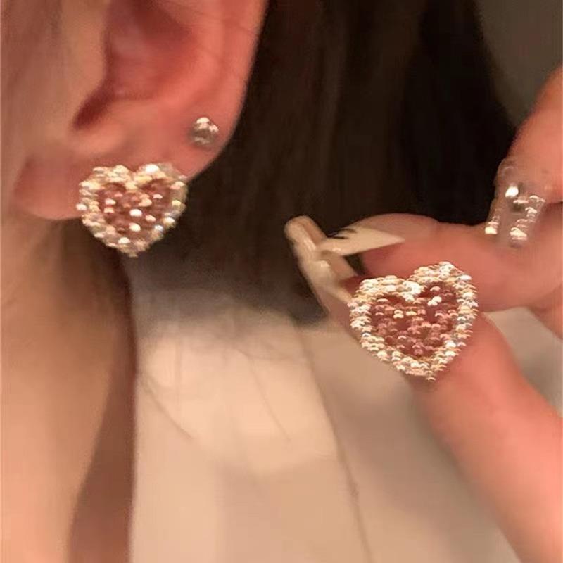 Explosive Sweetheart~ Pink Love Full of Diamonds Exquisite Earrings Women's Niche Design Girls' Stud Earrings Temperament Trend