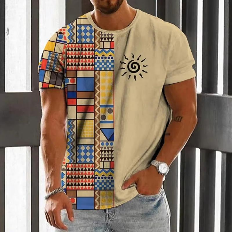 Summer Round Neck 3D Color block Print Top Fashionable Casual Short Sleeved Men's T-shirts