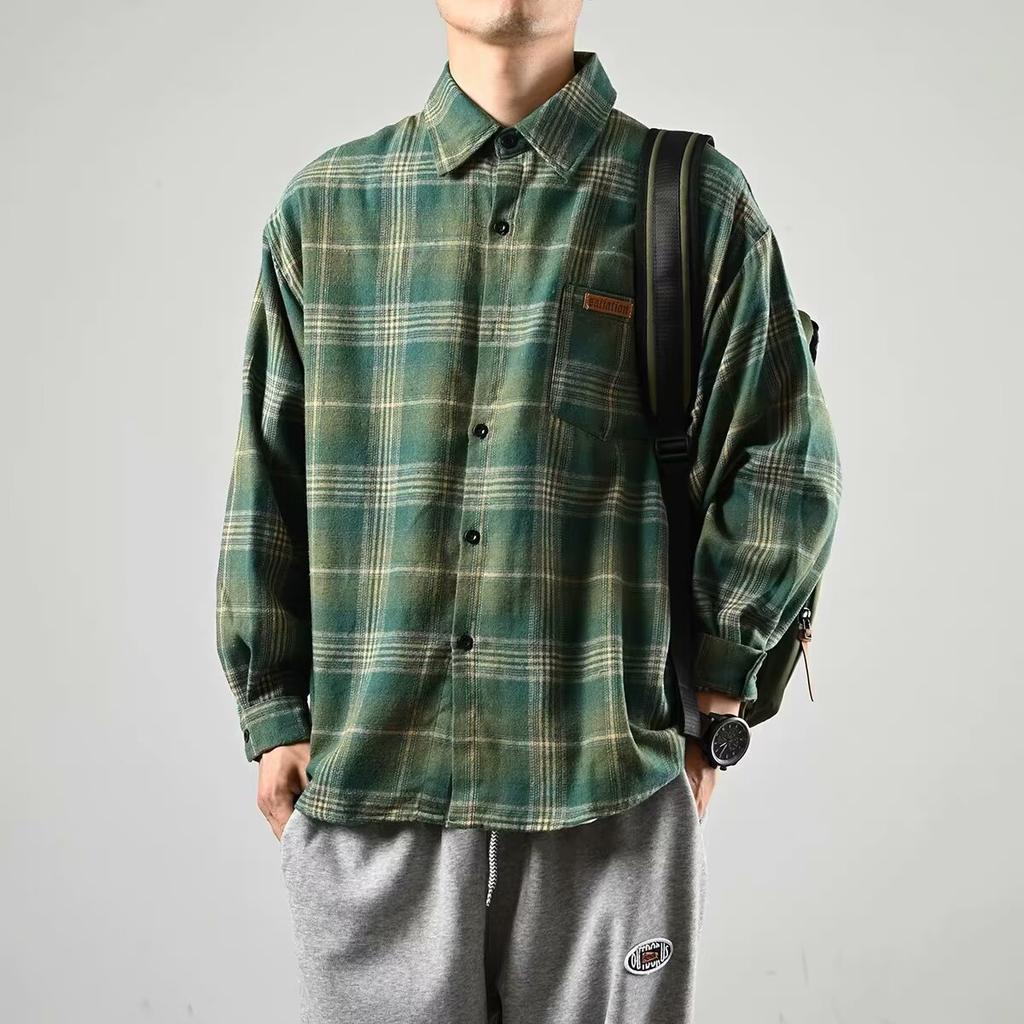 Japanese Style Retro Plaid Shirt Women's Lapel Long-Sleeved Shirt Cashmere Short Coat Couple's Loose Version Spring and Autumn Fashion