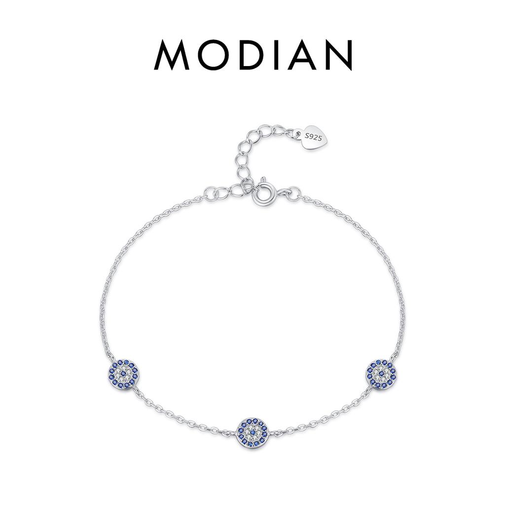 MODIAN Pure 925 Silver Luxury Turquoise Blue Eyes Clear Cubic Zircon Crystal Link Chain Bracelet For Women Fine Jewelry