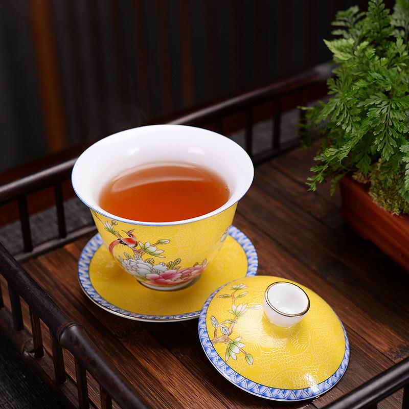 HMLOVE Color Enamel Sancai Gaiwan White Porcelain Cover Bowl Lid Saucer Kung Fu Tea Sets Handmade Tureen Travel Teaware Gift