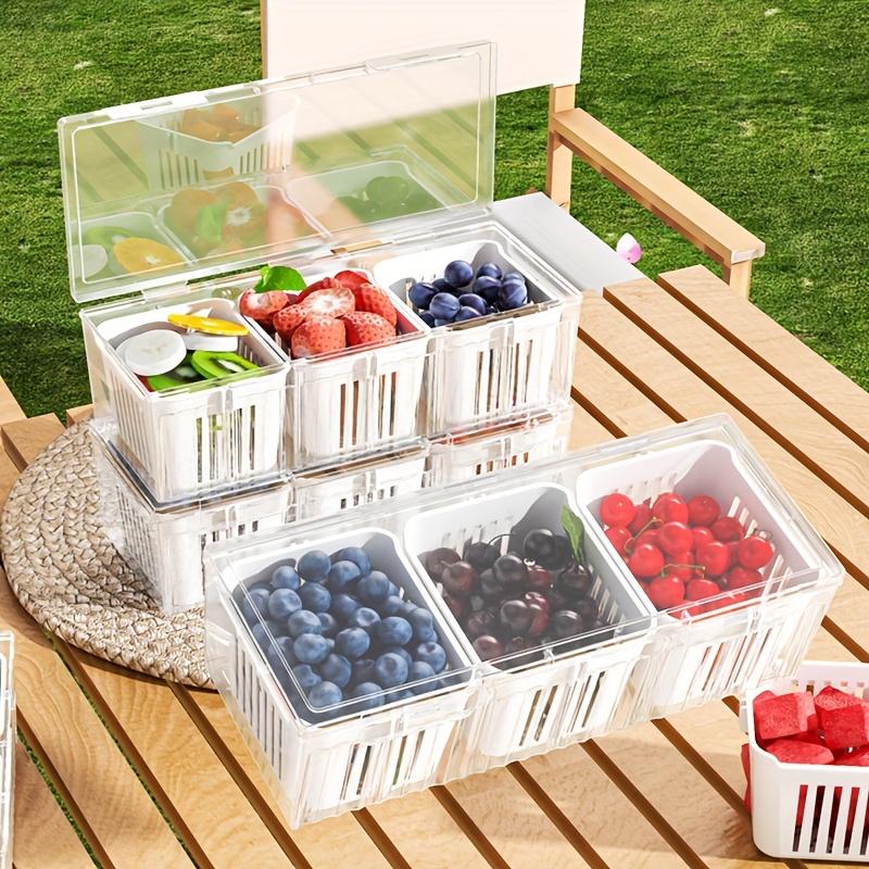 

3 Compartment Food Storage Container With Lid Transparent Square Blue Drain Box For Fridge Salad Fruit Veg Condiments Reusable зелёный