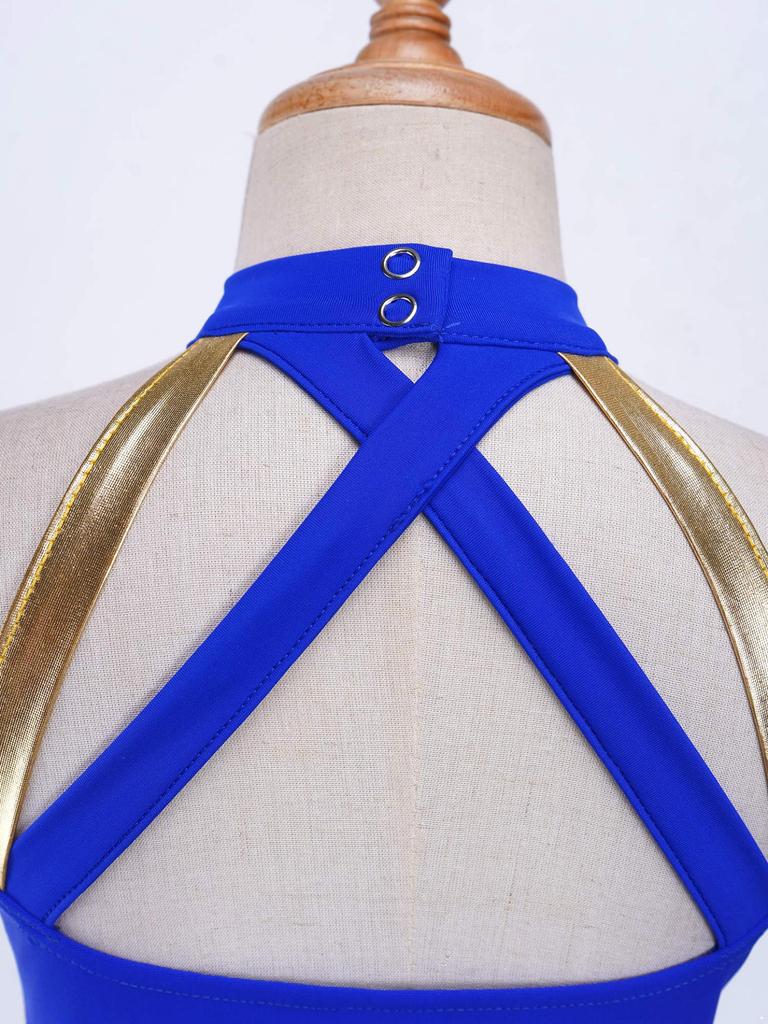 Kid Girls Cheerleading Skating Costume Hollow Back Pleated Dance Dress Stage Competition Dancewear Sport Meeting Team Uniform