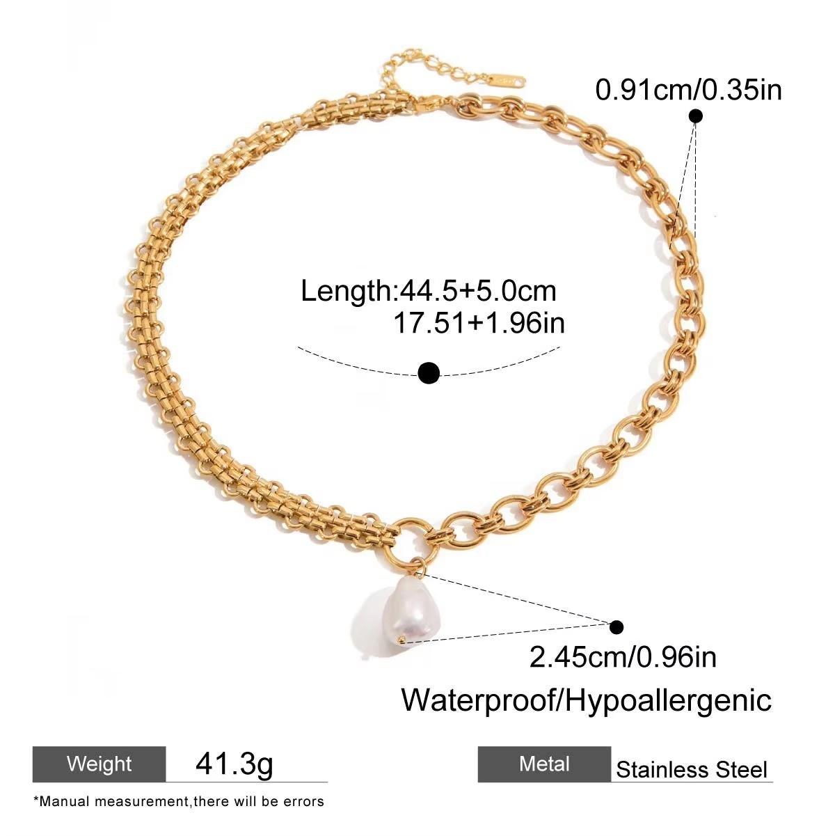 Modern 18K Gold Plated Stainless Steel Freshwater Pearl Pendant with Link Chain Tassel Linear Asymmetric Necklace for Women
