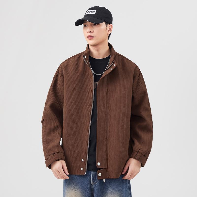 Solid Color Stand-Up Collar Jacket Men'S Season Loose Large Size Plaid Trendy Brand Versatile Jacket Trendy Casual Jacket