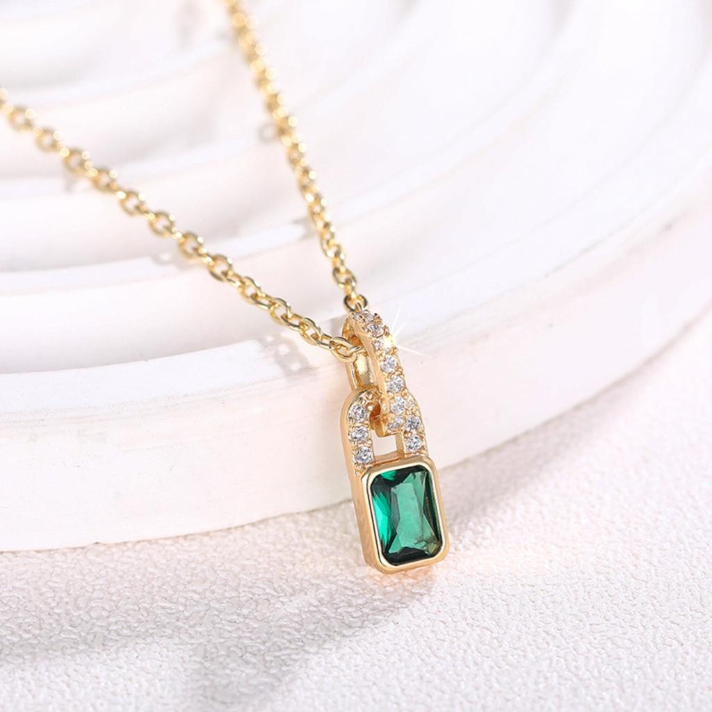 Emerald Green Lock Pendant Necklace with Micro Pave Accents
