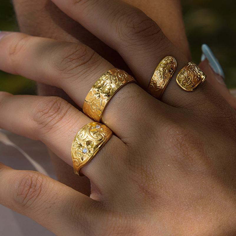 Vintage Stainless Steel Flower Texture Wide Ring for Women 18K PVD Gold Plated Waterproof Adjustable Finger Jewelry Gifts