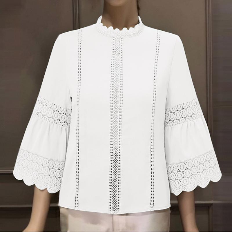 

ZANZEA Женская повседневная блузка с круглым вырезом и рукавами 3/4, кружевной вставкой и ажуром 5XL