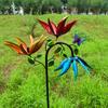 Metal Wind Spinner with Flowers and Butterflies, Three Rotating Flower and Butterfly Windmills for Outdoor Garden Art Decoration